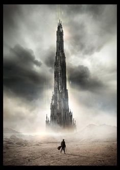 a man is standing in front of a tall building with a spire on it's side