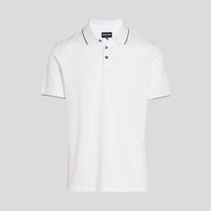 Product Description: Made In Italy And Crafted Of 100% Cotton, This Polo Shirt Is Finished With A Subtle Navy Accent Trim At The Collar As Well As The Sleeves. * Spread Collar With Navy Tips * Short Sleeves With Navy Tips * Pullover Style * Three-Button Placket * Rib-Knit Trim * 100% Cotton * Hand Wash * Made In Italy * Size: 52 * Color: White/Navy About The Brand Since Launching His Self-Named Fashion Empire In 1975, The Milanese Designer Has Both Revolutionized Men's Fashion And The Fashion In Classic White Collared Polo Shirt, Elegant White Polo Collar Tops, Elegant White Summer Polo Shirt, Elegant White Polo Shirt For Work, Classic Navy Semi-formal Tops, Elegant Navy Collared Tops, Navy Formal Polo Shirt, Classic White Polo Collar Shirt, Elegant Polo Collar Business Tops