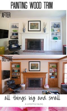 the before and after pictures of painting wood trim in a living room with white walls