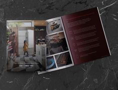 an open brochure with images of people in the kitchen and on the floor