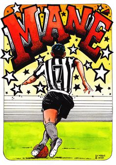 a drawing of a man kicking a soccer ball with the word mave on it