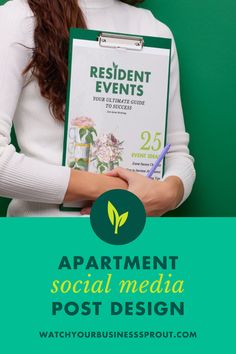 a woman holding a clipboard with the words apartment social media post design on it