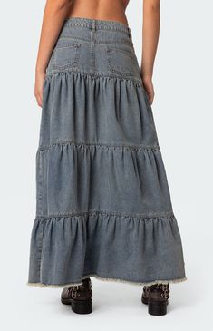 Online Only! Master your individuality with Edikted's Countryside Tiered Washed Denim Maxi Skirt. This gorgeous piece exudes the vibes of a summer getaway, no matter where you are. With its tiered design and washed denim fabric, pair it with any cute crop top for a look that will have everyone asking where they can snatch it too.   	Low rise 	Button-fly 	Side pockets 	Maxi skirt 	Tiered design 	Washed denim fabric 	100% Cotton 	Model wears size S 	Model height is 5'8 	Item care: Wash with s Skirt Tiered, Visionary Fashion, Long Denim Skirt, Cute Crop Top, Summer Getaway, Denim Maxi, Denim Maxi Skirt, Swimwear Dress, Cute Crop Tops