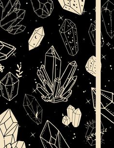 black and white illustration of crystals in the night sky with stars on them, from left to right