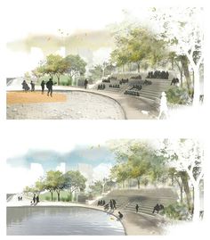 two views of people walking and sitting on benches in the park next to a river