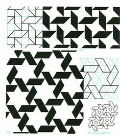 several different types of black and white geometric designs on paper with blue lines in the middle