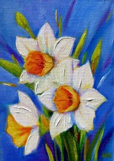 a painting of white and orange flowers in a vase on a blue background with green stems