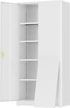 an open white cabinet with shelves and doors on both sides, showing the bottom section