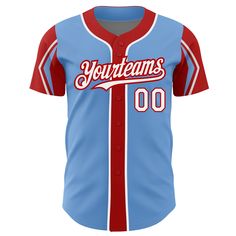 a blue and red baseball jersey with the words yourteams on it's chest