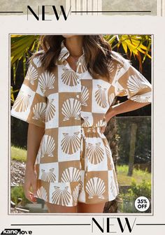 Women Fashion Casual Graphic Printing Short Sleeve Shirt Shorts Two-piece Set Beige Collared Sets For Summer, Summer Beige Collared Set, Beige Collared Summer Set, Collared Summer Vacation Sets, Collared Beach Sets For Summer, Casual Beige Beach Season Sets, Collared Summer Sets For Day Out, Collared Sets For Summer Day Out, Collared Cotton Blouse For Beach Season