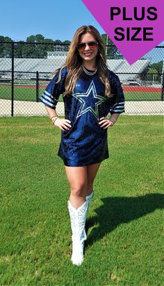 Your Game Day Sparkle will be seen by everyone in this Show Stopping Dallas Cowboys Star Sequin Mini Dress/Top Plus dress! Wear over jeans or leggings for a Tunic look, Tucked In with Jeans, Shorts or Skirt or wear it with boots or heels as a Dress! Dress is fully sequined on front. NOTE: This is a One Size Fits Most. As such it will fit and look different on everyone. One Size Regular  Will fit from a Small to Large There is Stretch.  Also depends on Body Type, Body Length and Leg Length One Size Plus If you wear XL or 2X you'll need the One Size Plus Which is between a 16 and 20 Bust between a 40" to 43" Waist 32" to 36" Hips 44" to 47" There is Stretch. So if you need a 3X it will possibly work. You may need to wear it as a Tunic Top tucked on or over leggings. Also depends on Body Type Dallas Cowboy Outfits Woman, Cowboys Game Outfits For Women, Cute Football Outfits For Women, Dallas Cowboys Outfits Woman, Nfl Football Game Outfit, Dallas Cowboys Game Day Outfit, Cowboys Outfits, Jersey Dress Outfit, Cowboy Boots Outfit Winter