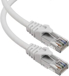 two white cat5e patch cables are connected to each other