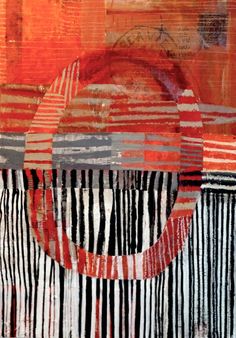 an orange and black abstract painting with stripes on the bottom, red circle in center