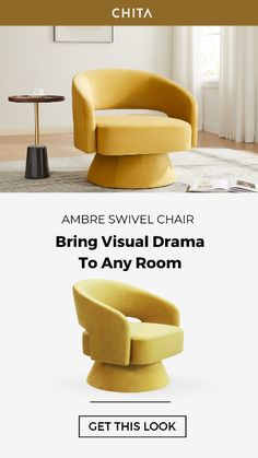 an advertisement for a living room with yellow furniture