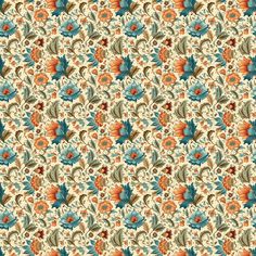 an abstract pattern with leaves and flowers in orange, blue, yellow and green colors