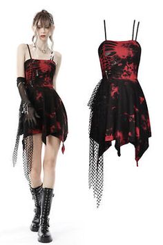 DARK IN LOVE Women Black Red Gothic Punk Rock Dye Asymmetric Strap Short Dress  | eBay Cute Rock Outfits Casual, Black And Red Short Dress, Black Sequin Dress Short, Dark Red Short Dress, Punk Dresses, Alt Dress, Straykids Concert, Skz Outfits