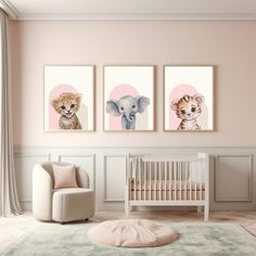 a baby's room with three pictures on the wall