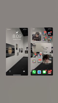 two iphone screens showing the same image as they appear in an open room with pictures on them