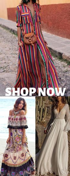 Love the dress on the bottom right.  & the left ...maybe?  Top is a no Boho Styl, Bohemian Style Clothing, Mode Boho, Alyssa Milano, Bohemian Clothes, Boho Outfits, Boho Style, Maxi Dresses, Bohemian Style