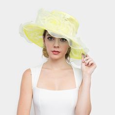 Style No : [444376] H2153-Ye Color : Yellow Theme : Flower & Leaf Size : One Size / Adjustable Inner Band Crown Circumference: 22" Crown Height :4 " Diameter Width : 15" Medium Lace Organza Hat W/ Two Rose In Center Yellow Flower Hat For Spring, Yellow Flower-shaped Hats For Spring, Chic Fitted Yellow Hat, Yellow Sun Hat With Short Brim For Spring, Yellow Short Brim Sun Hat For Spring, Yellow Spring Sun Hat For Summer, Yellow Sun Hat For Spring And Summer, Yellow Wedding Hat For Spring, Yellow Wide Brim Sun Hat For Spring