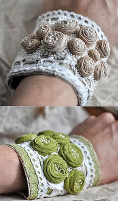 two pictures of different types of bracelets on someone's arm, one with buttons and the other with crochet