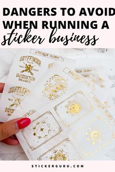 Dangers to Avoid When Running a Sticker Business - stickerguru.com. A woman is holding gold foiled magic and celestial stickers Sticker Business Packaging, Small Sticker Business, Logo Ideas Aesthetic, Sticker For Business, Business Logo Ideas, Business Woman Aesthetic, Sticker Business, Small Business Inspiration