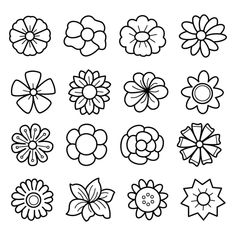 the different types of flowers are shown in black and white, including one flower with four petals