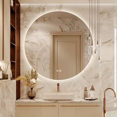 a bathroom with marble walls and flooring, round mirror on the wall above the sink