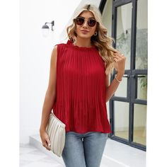 Elevate your style with the KOJOOIN Sleeveless Tops for Women, a chic addition that blends sophistication with comfort. This pleated tunic top features a delicate chiffon blouse with a frilly mock neck, offering a flowy and dressy appeal while maintaining a casual vibe. Perfect for any occasion, it's a versatile piece that can be dressed up or down.

- Material: 100% Polyester
- Color: Red
- Size: One size fits all (suitable for sizes 6-20)
- Gender: Female
- Features: Pleated tunic design, chif Sleeveless Pleated Tops For Spring, Spring Sleeveless Chiffon Blouse, Casual Sleeveless Pleated Tops, Elegant Sleeveless Pleated Top, Pleated Tops For Summer Day Out, Chic Sleeveless Chiffon Blouse, Elegant Sleeveless Chiffon Top, Chic Red Chiffon Top, Elegant Red Chiffon Tops