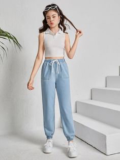 Closure Type:Drawstring Waist \nDetails:Pocket \nFit Type:Regular Fit \nColor:Light Wash \nPattern Type:Plain \nType:Tapered/Carrot \nWaist Line:Natural \nLength:Long \nFabric:Non-Stretch \nMaterial:Denim \nComposition:60% Cotton \nComposition:25% Polyester \nComposition:15% Viscose \nCare Instructions:Machine wash or professional dry clean \nBody:Unlined \nSheer:No \n Jeans Joggers, Girls Denim, Jogger Jeans, Girls Jeans, Teen Girls, Solid Black, Drawstring Waist, Free Shipping