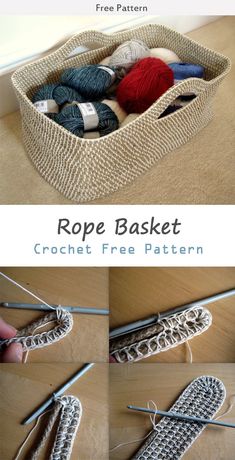 the crochet basket is full of yarn and knitting needles, along with two pictures of