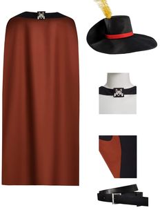 a hat, cape, belt and other accessories are shown