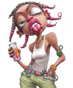 a cartoon girl with pink hair holding a drink