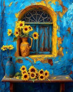 a painting of sunflowers on a table in front of a blue painted wall