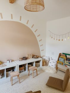 a child's playroom with toys and books