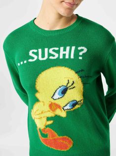 Woman sweaterTweety print and... SUSHI? lettering on green backgroundRegular fitCrewneckSaint Barth logo on the sleeveRibbed collar bottom and cuffsComposition: Blended cashmereWarner Bros Special Edition Green Cotton Sweater With Logo Print, Green Crew Neck Sweater, Green Long Sleeve Sweater With Graphic Print, Green Long Sleeve Sweater With Letter Print, Green Letter Print Crew Neck Sweater, Green Graphic Print Sweatshirt For Winter, Green Cotton Sweater With Graphic Print, Green Crew Sweater With Graphic Print, Green Slogan Sweatshirt For Streetwear