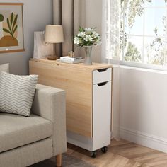 a living room scene with focus on the sofa and small cabinet next to the window