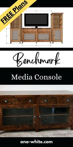 an entertainment center is shown with the words benchmark media console above it and below it