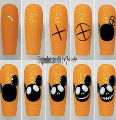 Zero Nail Art, Nail Art Themes Ideas, Holoween Nail Design, Halloween Nails Step By Step, Gel Nail Designs For Beginners, Halloween Nail Tutorial, Disney Halloween Nail Designs, Nail Designs Step By Step, Ongles Halloween