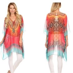 Colorful Pattern Print, 3/4 Length Sleeve, Oversized Caftan Tunic Dress With Laced Up V-Neckline Vibrant Print V-neck Tunic, Multicolor Flowy V-neck Cover-up, Orange Kaftan For Spring Beach Cover-up, Orange V-neck Cover-up For Beach Season, Orange V-neck Cover-up For Spring, Multicolor V-neck Tunic For Beachwear, Colorful Bohemian V-neck Kaftan, Bohemian Multicolor V-neck Tunic, Multicolor Boho Print V-neck Kaftan