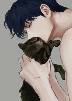 a drawing of a man with blue hair holding a cat