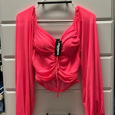 Women’s Hot Pink Tie Front Blouse- Nwt, Size M, Never Worn Perfect Condition Pink Ruched Top For Night Out, Pink Ruched Long Sleeve Blouse, Phone Holster, Tie Front Blouse, Pink Tie, Pink Ties, Walker Boots, Fit N Flare Dress, Rain And Snow Boots