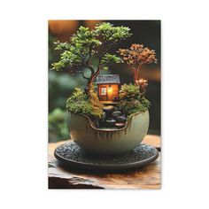 a bonsai tree in a pot with a light on it's top and moss growing inside