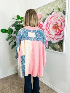 This oversized button-down bursts with a vibrant blue and pink color combo, spiced up with eclectic patchwork designs. Its flowy fit and raw hem create an effortlessly chic boho vibe that's perfect for a sunny brunch or a relaxed weekend getaway. Pair it with your favorite jeans or a sleek skirt to dress it up or down PRODUCT FIT - TRUE TO SIZE MODEL DETAILS - BRENNA IS WEARING A SIZE SMALL/MEDIUM, 5'3" CAROLINE IS WEARING A SIZE MEDIUM/LARGE, 5'10" FABRIC CONTENT - 100% COTTON CARE INSTRUCTIONS Skirt To Dress, Swimsuit Jewelry, Patchwork Clothes, Upcycle Clothes Diy, Vacay Outfits, Clothing Pieces, Clothes Diy, Cute Boutiques, Cool Backpacks