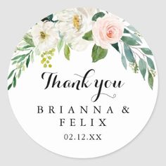 thank stickers with white flowers and greenery