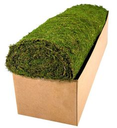 a cardboard box filled with grass on top of a white background