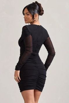 Sparks Fly Black Ruched Mesh Long-Sleeved Bodycon Mini Dress – Club L London - USA Black Mesh Club Dress, Club Dresses Uk, Short Black Dress Tight Long Sleeve, Ruched Bodycon Dress Boohoo, Short Black Long Sleeve Dress Tight, Asymmetric Bodycon Dress, Social Calendar, Velvet Prom Dress, Sparks Fly