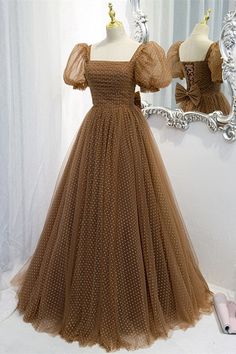 Sweet Brown A-line Tulle Polk Dots Long Formal Dress Simple Frock Design, Long Frock Designs, Floral Frocks, Long Gown Design, Simple Frocks, Fest Outfits, Formal Dresses With Sleeves, Frock For Women, Long Formal Dress