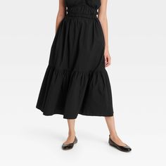 Add feminine flair to your wardrobe with this Tiered Maxi Skirt from Universal Thread™. Fashioned in a solid shade, this maxi skirt is tailored with a two-tiered silhouette with soft pleats and a high-rise cut. The lightweight cotton construction offers breathable comfort, while the elastic waistband gives a snug, secure fit. Plus, side pockets offer convenient space for your on-the-go essentials. Universal Thread™: Found exclusively at Target. Picnic Skirt, Poplin Skirt, Tiered Maxi Skirt, Slip Skirt, Women Maxi, Hem Style, Black Xs, Bottom Clothes, Universal Thread