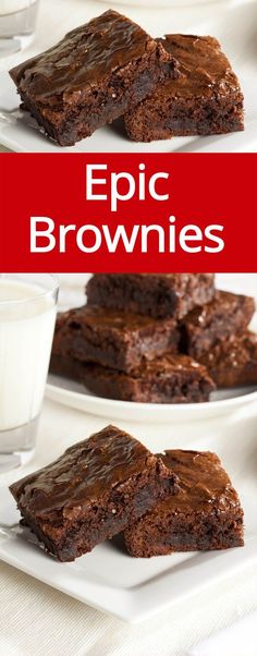 chocolate brownies are stacked on top of each other with the words epic brownies above them